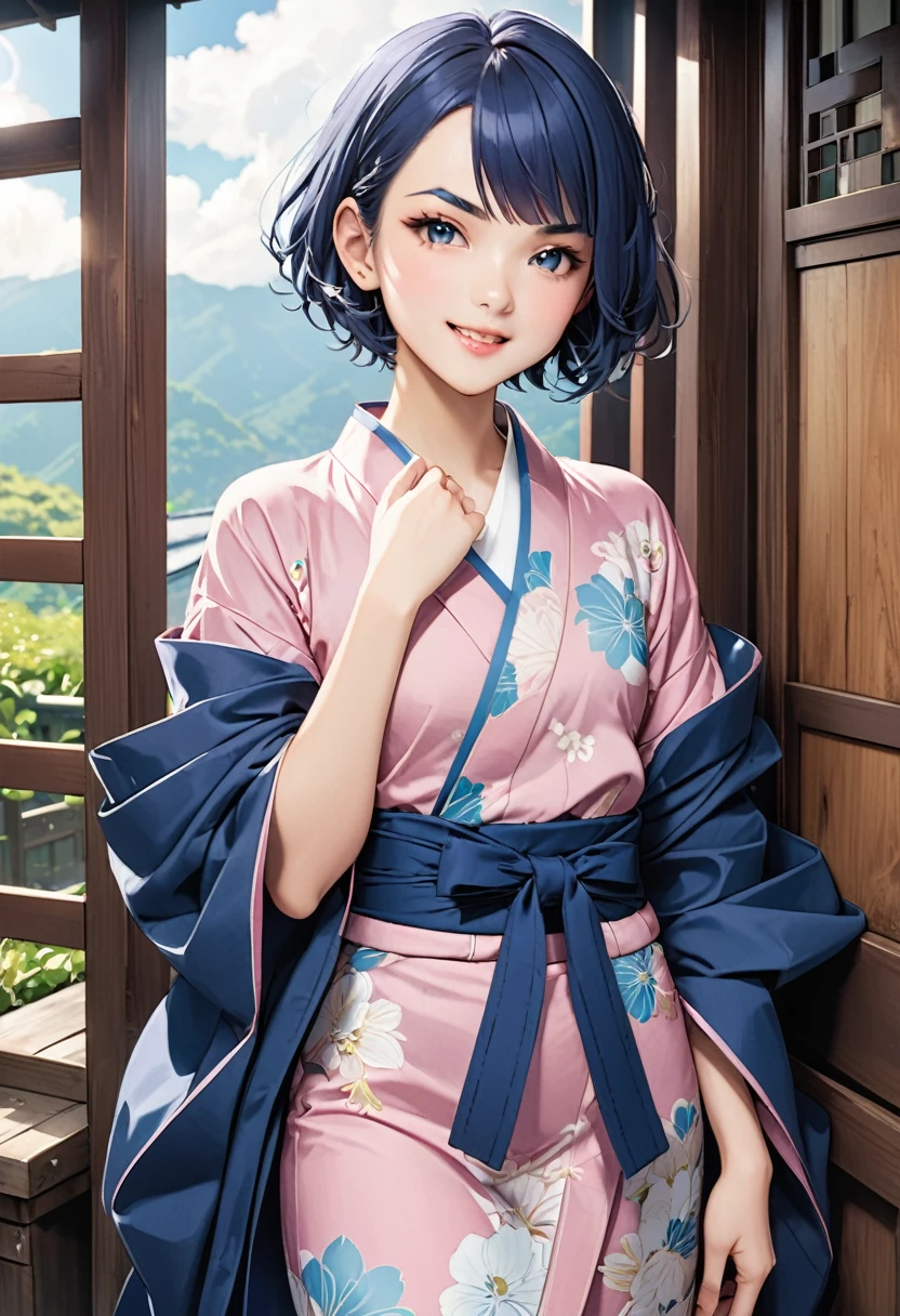 (fashion magazine gravure:1.3),(masterpiece, best quality:1.1),A gravure photo of a girl from the Edo period, with a model posing in a yukata,pink yukata,open yukata,Steampunk,model posing,summer,whole body,BREAK.(tween,detailed face,(darkblue wavy-short hair),parallel eyebrows),smile,