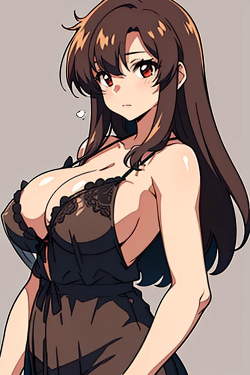 (beautiful detailed eyes:1.5, beautiful detailed face:1.2, beautiful detailed hair), Murrue Ramius, 1woman, red eyes, blush, (nsfw, sexy, Curvy), (brown hair, long hair, bangs), (sagging large breasts:1.5), (negligee:1.5), upper body, standing, (Perfect detailed Anatomy, beautiful detailed hair, perfect female body:1.2, shiny skin), (thick outline, Beautiful outlines, black outlines), simple background:1.5
