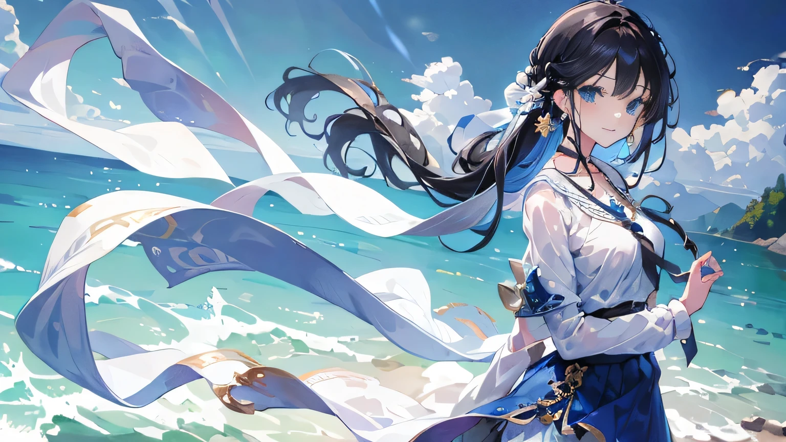 masterpiece, Highest quality, High resolution, , 8K、coastline、One Girl, Black Hair, Hair length, Black Hair, blue eyes, gem, (turn around)、Earrings, Earrings, White shirt, tie shirt, Black choker, Blue tie, ((White Skirt)), Show smile, Laughter, Rear View. looked back. standing, Cowboy Shot, Outdoor、The wind is blowing、Hair swaying in the wind、Incredibly accurate、Very very beautiful