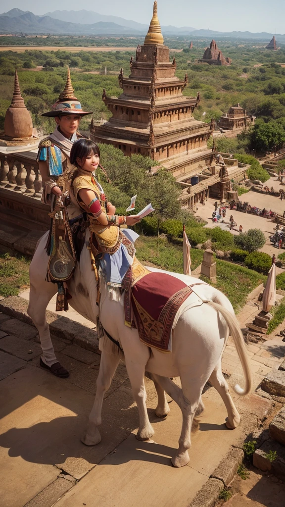 Draw a photo of ancient bagan, Hight quality, people are walking around by riding white elephant(detail), The king wandered around the palace(detail),the swordman troops, Cavalry troops,