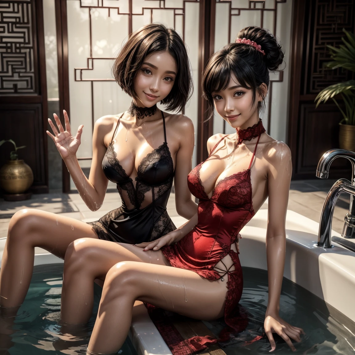 ((2 girls)), short black hair, ceremonial hair brush, detailed face, doja cat, black skin, sitting near a bathtub, (open legs, legs spread), in a Chinese temple, ((body soaking wet)), wearing Chinese red micro-dress with crossed-lace open side, deep cleavage, exposed pussy, high heels, barepussy, lace glove, lace choker, small breast, wide hips and thighs, waving hello, smile, happy face.