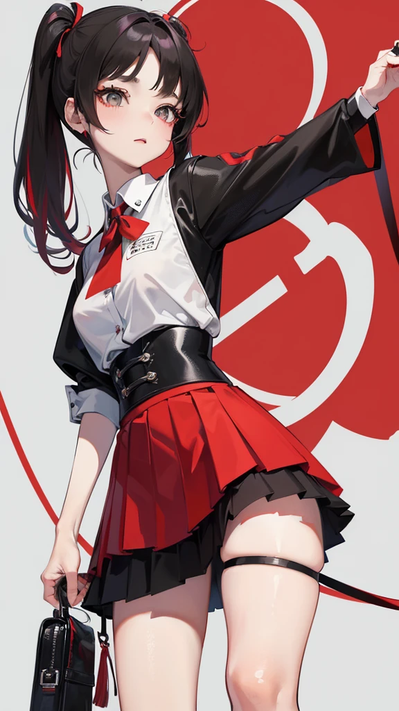 Girl in a miniskirt with a pleated yoke, clothes red and black, Twin-Tail hair white-red, in a beautiful inscription on the wall background. Full length 2D wallpaper.