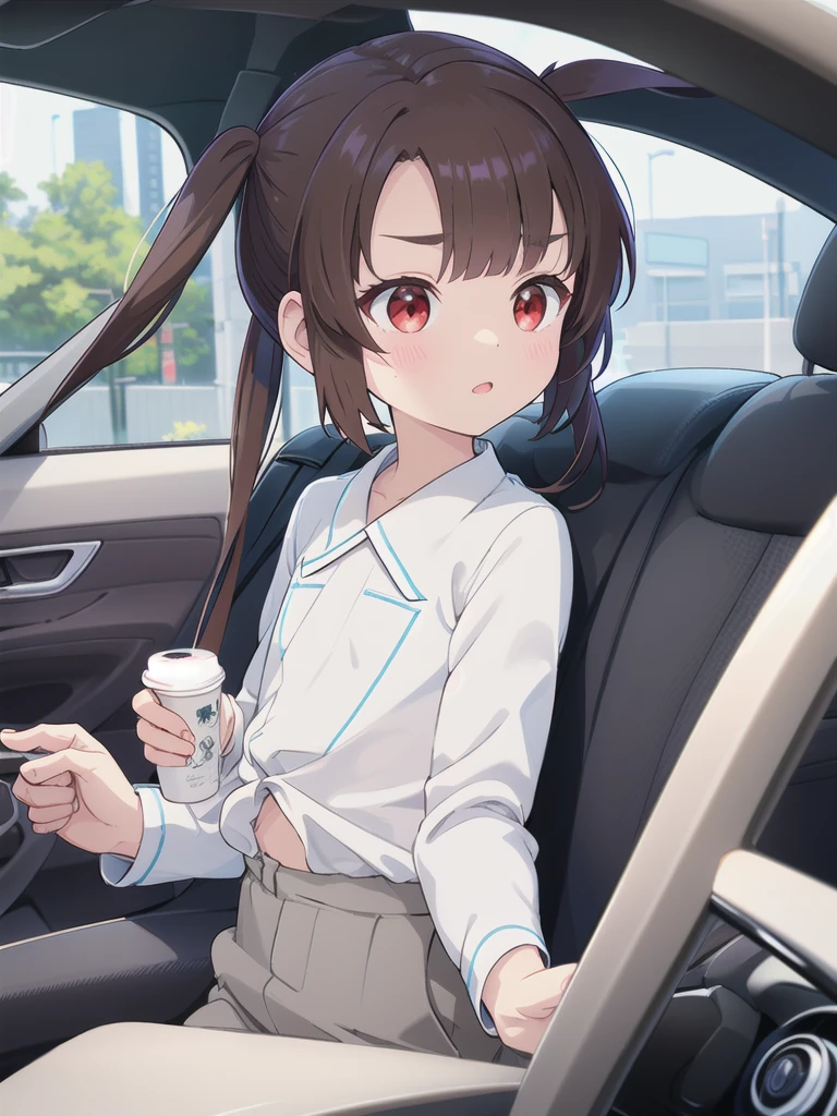 In the car,Convertible,Sitting,((Behind the wheel of a car)),Looking Ahead,driving,1 Girl, 独奏, Red eyes,sunglasses,, Twin tails, brown hair,crawling,((顔 focus)),upper body,White long sleeve shirt,Grey slacks, bangs, eyebrows visible through hair, Flat Chest, 