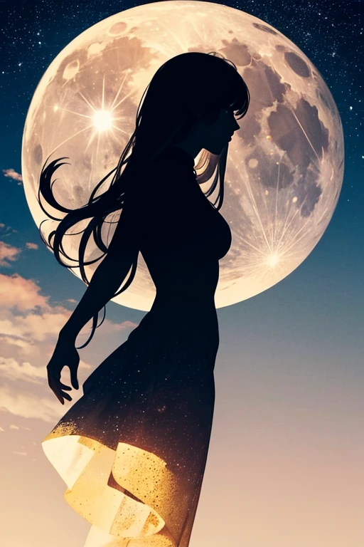 Highest quality,Big moon and shadow,A silhouette of a person can be seen against the backdrop of a large moon.,There is one full moon,There is a mood,Beautiful scenery,Starry Sky