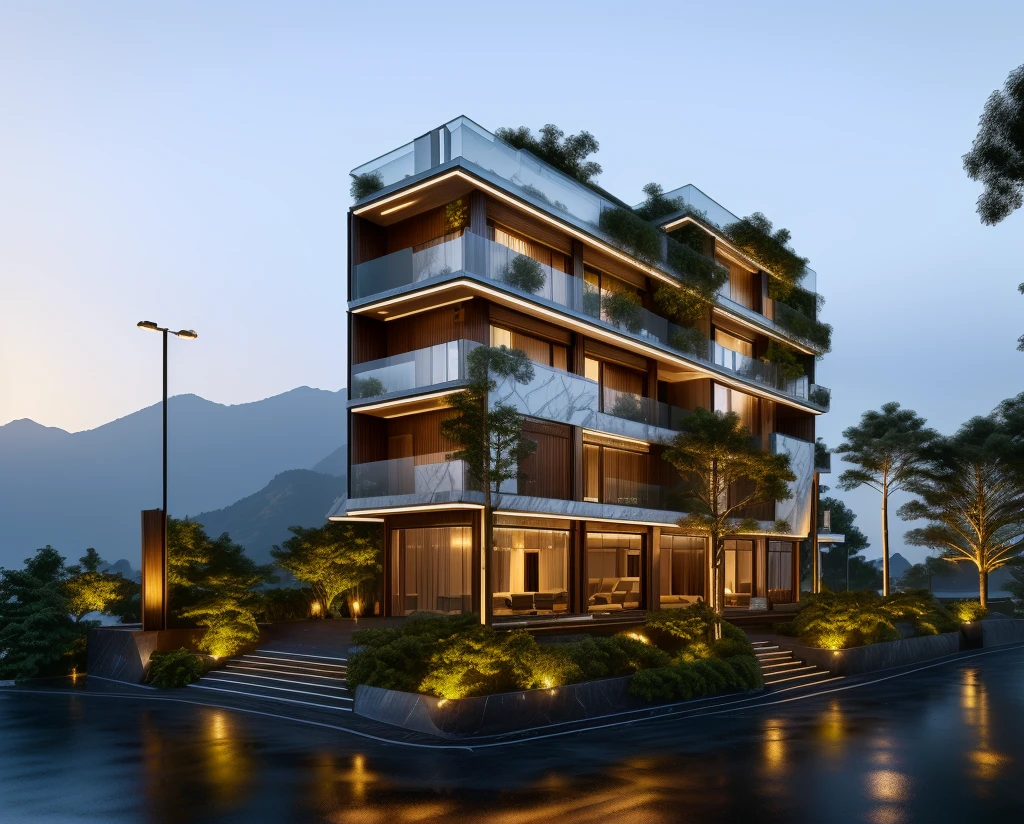 3D render of a beautiful house, Dark, gray tones, white wall. lumion render, night time render, insanely detailed rendering, realistic architecture, architectural visualization. The house is adorned with elegant lighting and plants to enhance its exterior appearance in a Vietnam city street. The staircase leading into the house is tiled with black marble and has bright LED lights. Behind are hills and mountains with clear blue sky. balcony with green plants. The main door is made of black aluminum and glass reaching up to the ceiling. Looking through the glass windows to look inside the house with luxurious interiors with luxurious and warm lights, interior lighting rendering and lighting effects. marble and wood and glass, dark and modern, luxcore render, taken with professional photography techniques, using a wide angle lens with bright natural light and high resolution details, in the style of professional photograph, hyper realistic, highly detailed.