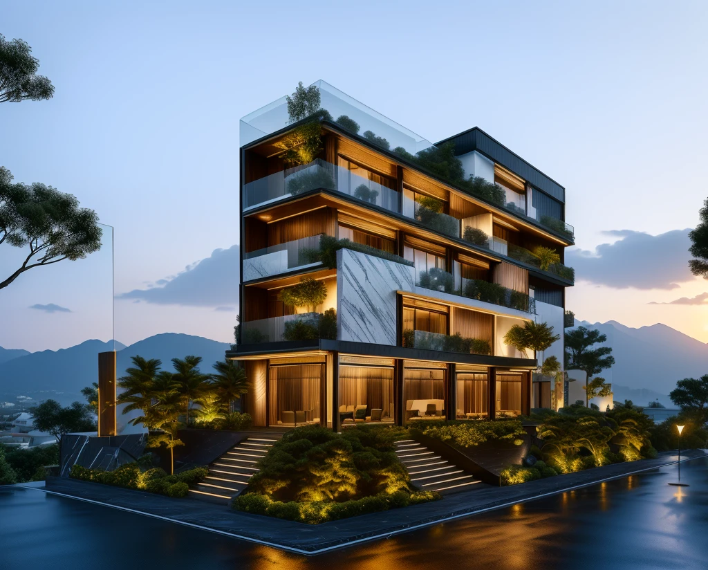 3D render of a beautiful house, Dark, gray tones, white wall. lumion render, night time render, insanely detailed rendering, realistic architecture, architectural visualization. The house is adorned with elegant lighting and plants to enhance its exterior appearance in a Vietnam city street. The staircase leading into the house is tiled with black marble and has bright LED lights. Behind are hills and mountains with clear blue sky. balcony with green plants. The main door is made of black aluminum and glass reaching up to the ceiling. Looking through the glass windows to look inside the house with luxurious interiors with luxurious and warm lights, interior lighting rendering and lighting effects. marble and wood and glass, dark and modern, luxcore render, taken with professional photography techniques, using a wide angle lens with bright natural light and high resolution details, in the style of professional photograph, hyper realistic, highly detailed.