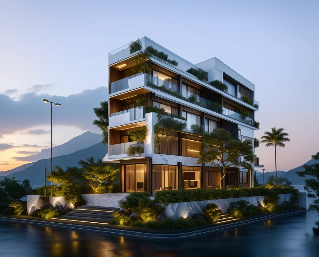 3D render of a beautiful house, Dark, gray tones, white wall. lumion render, night time render, insanely detailed rendering, realistic architecture, architectural visualization. The house is adorned with elegant lighting and plants to enhance its exterior appearance in a Vietnam city street. The staircase leading into the house is tiled with black marble and has bright LED lights. Behind are hills and mountains with clear blue sky. balcony with green plants. The main door is made of black aluminum and glass reaching up to the ceiling. Looking through the glass windows to look inside the house with luxurious interiors with luxurious and warm lights, interior lighting rendering and lighting effects. marble and wood and glass, dark and modern, luxcore render, taken with professional photography techniques, using a wide angle lens with bright natural light and high resolution details, in the style of professional photograph, hyper realistic, highly detailed.