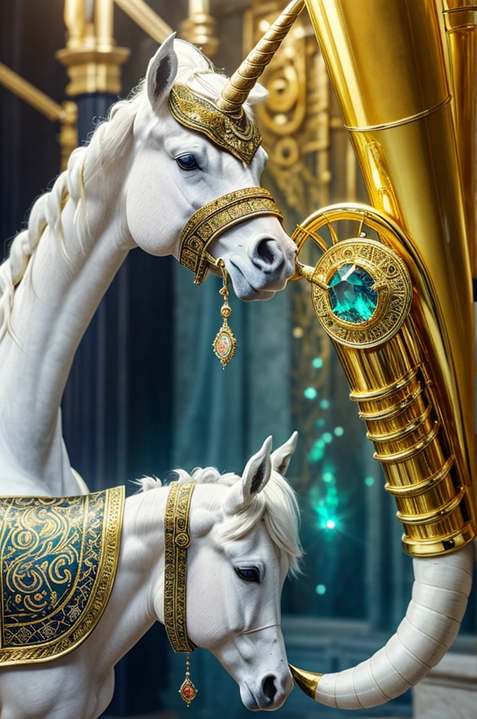 A ceremonial blowing horn, Made from a unicorn horn, It is pure white that shines with a soft glow. It is decorated with intricate gold engravings depicting scenes of ancient heroes and legendary battles..
- **Decor:** along the horn, there are gems embedded, mainly sapphires and emeralds, that capture and refract light in a hypnotic way.