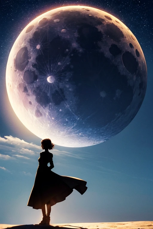 Highest quality,Big moon and shadow,A silhouette of a person can be seen against the backdrop of a large moon.,There is one full moon,There is a mood,Beautiful scenery,Starry Sky