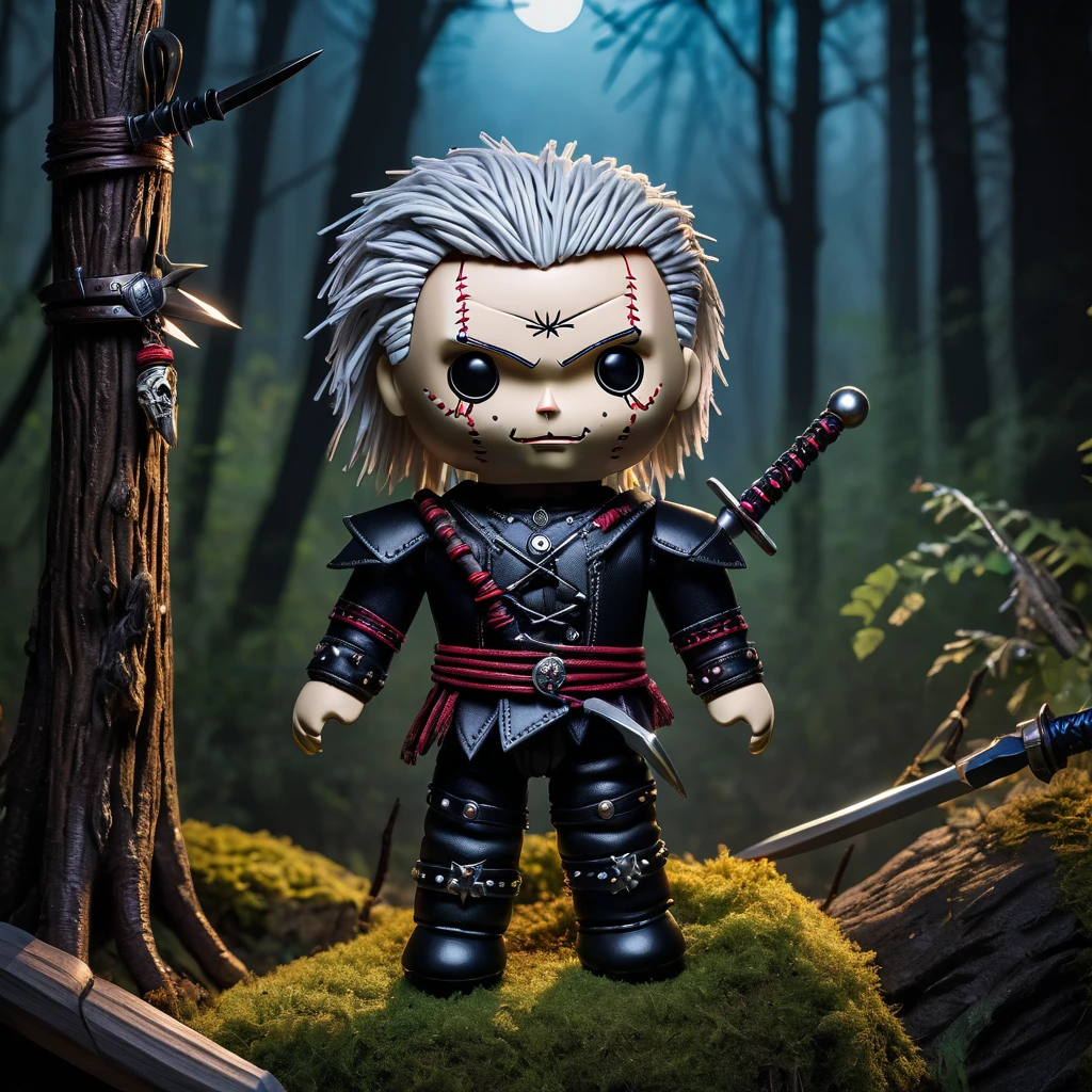(knitted toy voodoo doll:1.7), (voodoo Geralt1.4), (of Rivia from The Witcher:1.4), (Clothing: leather armor with wolf medallion, black trousers:1.0), (Accessories: silver sword, potions vials:1.1), (background: dark and mystical forest with moonlight filtering through trees:1.2), best quality, masterpiece, detailed soft oil painting, detailed background, dramatic cinematic lighting, soft edge lighting, professional, dramatic lighting, hard edge lighting, ultra quality, 4k, masterpiece, best quality, 8k, ultra high definition, high resolution, extremely detailed