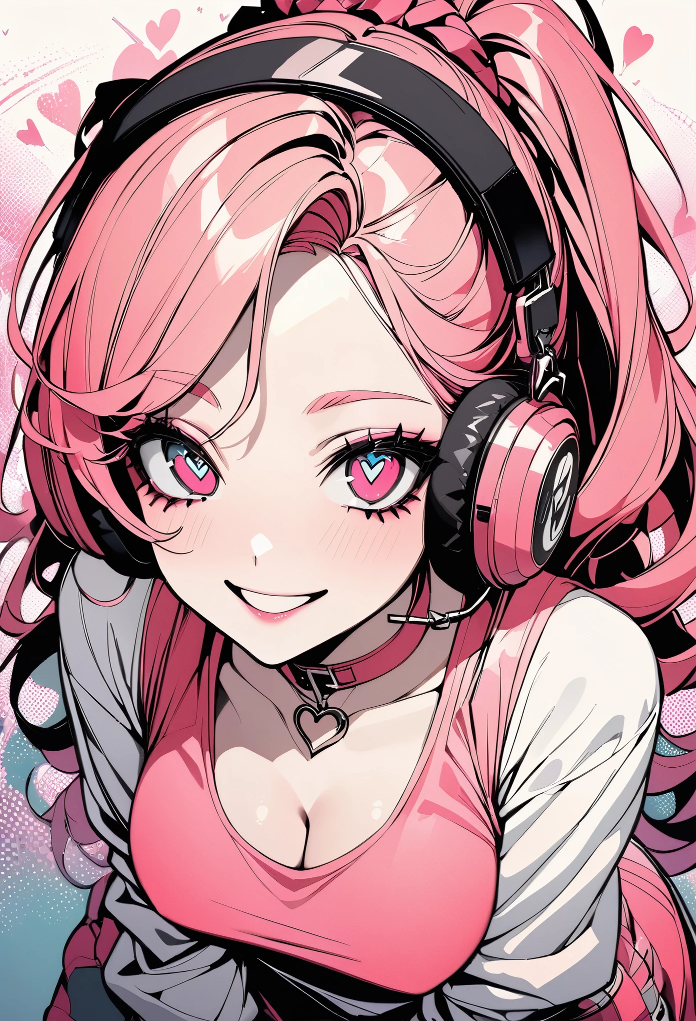 (highest quality:1.2, Very detailed, Latest, Vibrant, Super detailed, High Contrast, masterpiece:1.2, highest quality, Best aesthetics, aesthetic: 1.2), woman, Pink Long Hair, Beautiful breasts, DJ, (Pink detailed eyes, Beautiful Eyes), smile, Light background , Heart-shaped choker, (Pop Art), colorful,Pink long ponytail hair, Eye of the symbol, +__+, Hip-hop costumes, listening to music on headphones, Looking up, DJ Style,