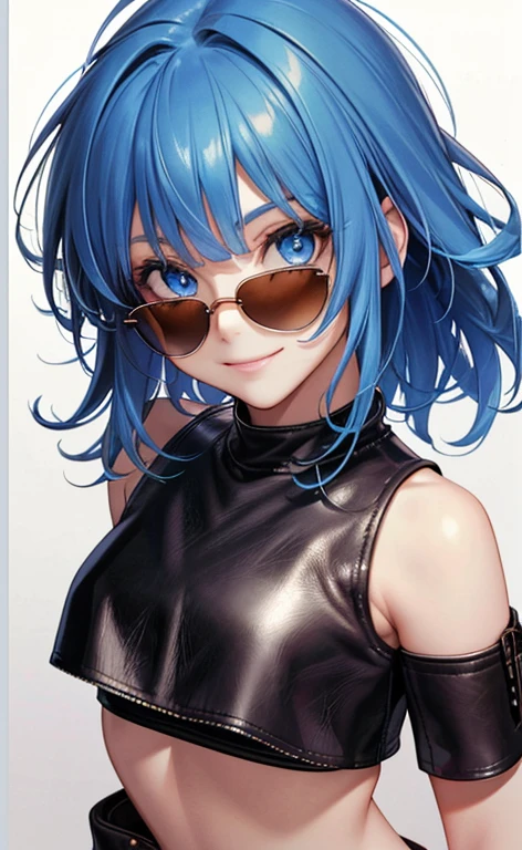 (Face:1.5)、(masterpiece:1.5、Photorealistic:1.4,anime coloring:1.4、high resolution:1.4)、,(spot light:1.2、Exquisite beautiful eye:1.5,)、(stand:1.5)、(messy hair:1.5)、(upper body:1.5)、
(kind eyes、tareme:1.4),(sunglasses:1.5)、(Cute Face)、(blue hair:1.5)、(middle hair:1.5),(sidelock :1.6),(blunt bangs:1.3),(1 girl)、(blue eyes:1.2)、(light smile:1.5),(Face:1.5)、(solo)、(Face up:1.5) ,(),(small breasts),(),(leather crop top:1.5),()、()、()、Slim Body(),Shiny Hair、