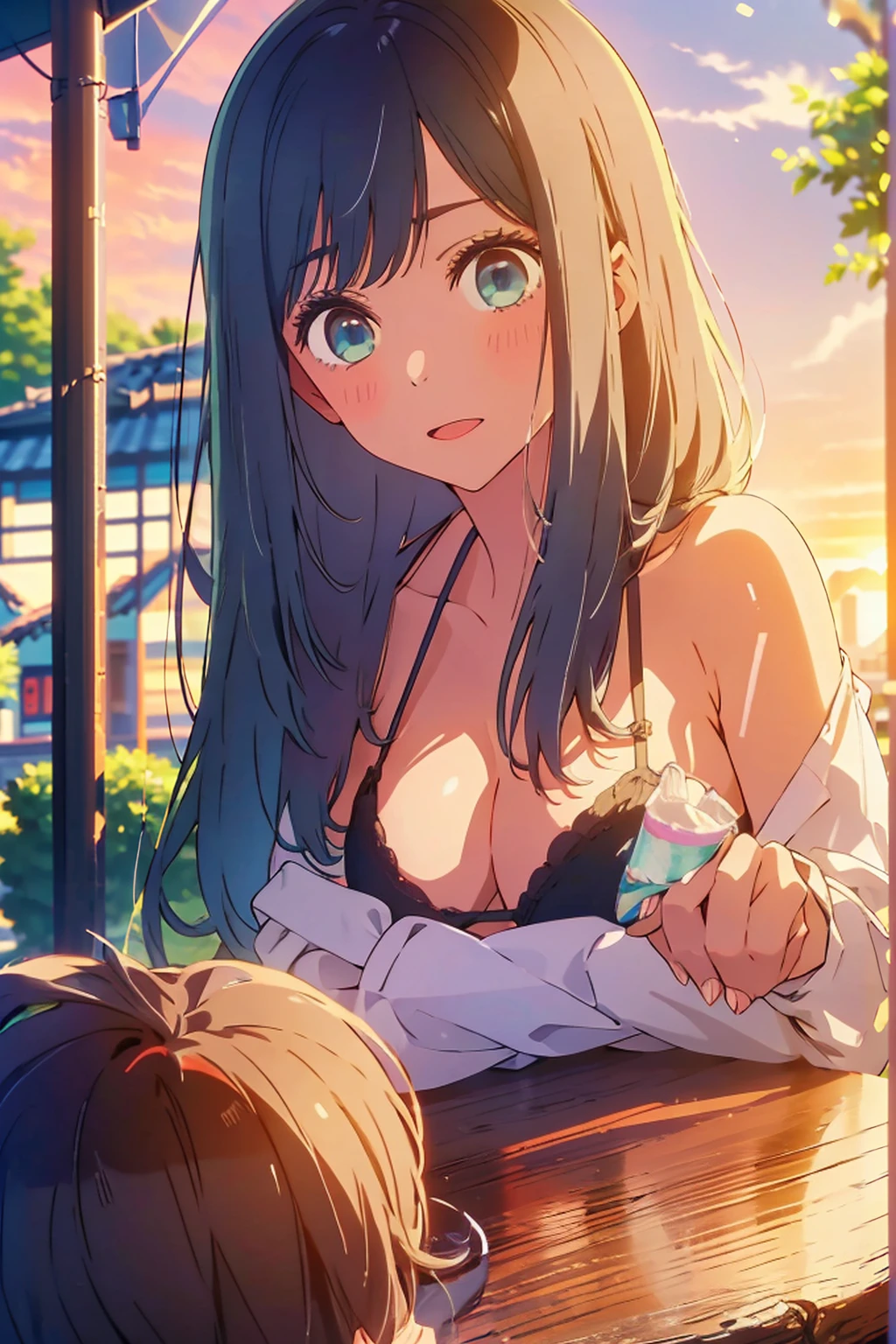 (Highest quality:1.4、masterpiece:1.4、Super detailed:1.4、8K:1.4)、F cup bust、Big Breasts、Slim body、((((1 person、Surprised expression、sit、In the background are the urban buildings of Tokyo、looking at the camera、Outdoor café terrace、Navy hair color、juice、table、Very cute face))))、((nude、Areola、bikini size too small))、(Sunset Beach:1.4、sunset:1.4)、Big eyes、((((Shallow depth of field))))