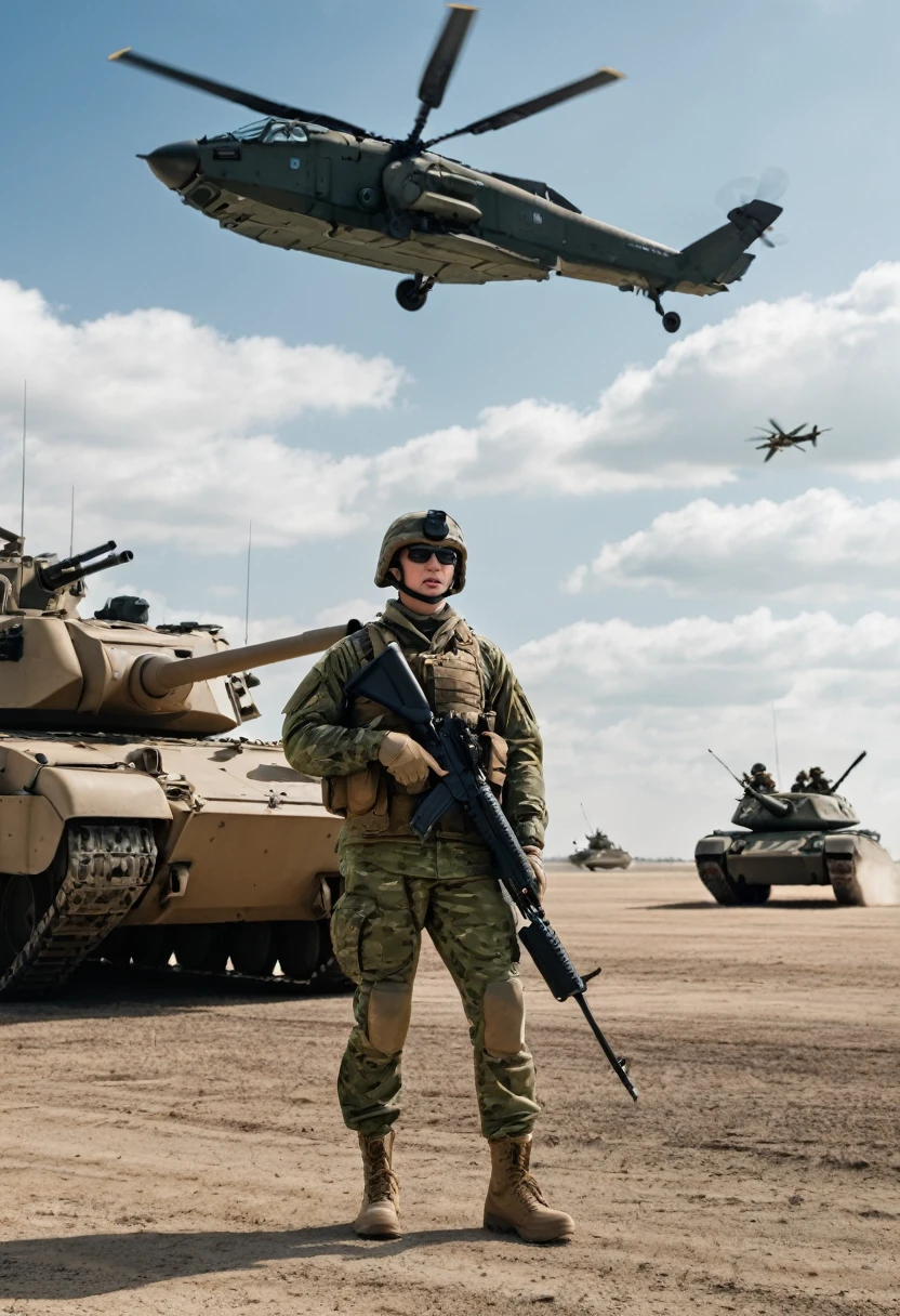 A military scene featuring a soldier with a rifle, standing next to a tank under a sky filled with aircraft