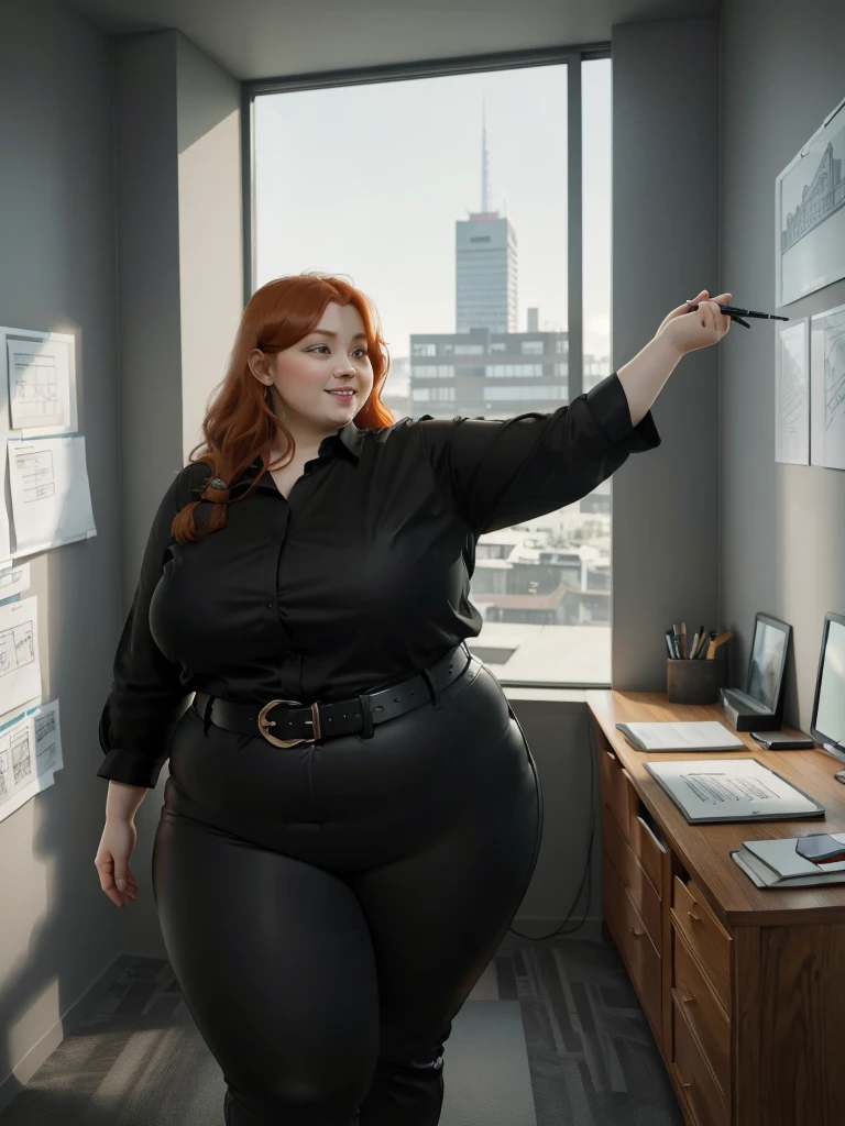 A happy/excited and detailed photo of a Beautiful ginger architect SSBBW, with long wavy ginger hair, with big soft fat belly, thicc fat arms, thicc wide legs, big breast, in long black pants, long black shirt tucked in her pants, black belt, in her new modern wooden-styled architect office holding a pen, architect office with a lot of building models and house blueprints, building blueprints on walls, huge window
