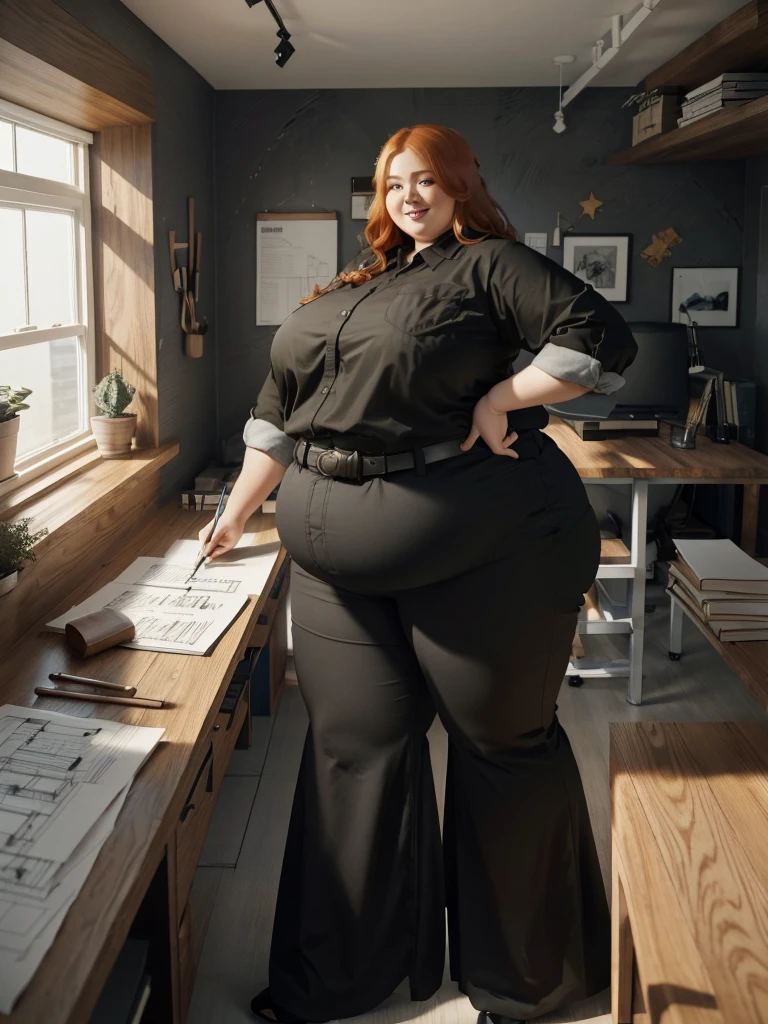 A happy/excited and detailed photo of a Beautiful ginger architect SSBBW, with long wavy ginger hair, with big soft fat belly, thicc fat arms, thicc wide legs, big breast, in long black pants, long black shirt tucked in her pants, black belt, in her new modern wooden-styled architect office holding a pen, architect office with a lot of building models and house blueprints, building blueprints on walls, huge window