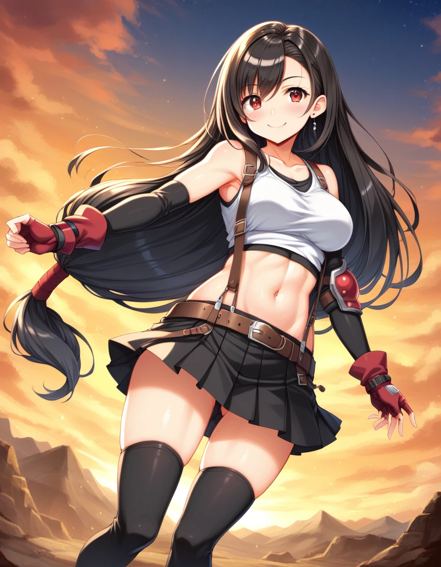 (score_9,score_8_up,score_7_up,score_6_up,score_5_up,score_4_up), BREAK ,,(punch,dynamic angle, dynamic pose, hand focus, punch focus,battle,),upperbody,looking_at_viewer ,1girl, tifa lockhart, final fantasy, tareme,black hair, low-tied long hair, red eyes,wide-eyed, bangs, (white tank top, belt, pleated skirt, thighhighs, elbow fingerless gloves, elbow pads, midriff, navel,suspender skirt) ,large_breasts,(light smile),,,Solo,,(daytime and outdoor and mountain),hyper detailed,beautiful,great lighting, perfect hands, detailed shadows,anime artwork, anime style, key visual, vibrant, studio anime,HDR,highly detailed,anime coloring, masterpiece, best quality,best aestethic, absurdres,,professional lighting,cinematic lighting,rule of odds