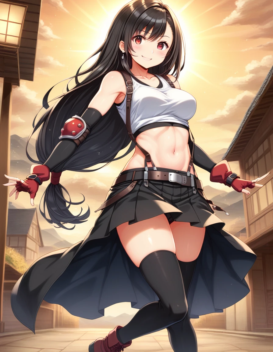 (score_9,score_8_up,score_7_up,score_6_up,score_5_up,score_4_up), BREAK ,,(punch,dynamic angle, dynamic pose, hand focus, punch focus,battle,),upperbody,looking_at_viewer ,1girl, tifa lockhart, final fantasy, tareme,black hair, low-tied long hair, red eyes,wide-eyed, bangs, (white tank top, belt, pleated skirt, thighhighs, elbow fingerless gloves, elbow pads, midriff, navel,suspender skirt) ,large_breasts,(light smile),,,Solo,,(daytime and outdoor and mountain),hyper detailed,beautiful,great lighting, perfect hands, detailed shadows,anime artwork, anime style, key visual, vibrant, studio anime,HDR,highly detailed,anime coloring, masterpiece, best quality,best aestethic, absurdres,,professional lighting,cinematic lighting,rule of odds