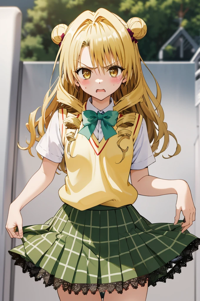 masterpiece, best quality, highres, 1girl, solo, long hair, blonde hair, double bun, drill hair, brown eyes, , green bowtie, white shirt, sweater vest, yellow vest, short sleeves, plaid skirt, green skirt, ,angry,(((lift skirt,lace panties))),blush,looking viewer,squatting,open legs,spread legs,my room