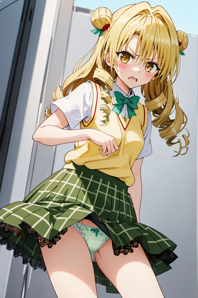 masterpiece, best quality, highres, 1girl, solo, long hair, blonde hair, double bun, drill hair, brown eyes, , green bowtie, white shirt, sweater vest, yellow vest, short sleeves, plaid skirt, green skirt, standing, cowboy shot, outdoors,angry,(((lift skirt,lace panties))),blush,looking viewer