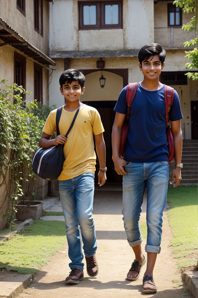 1. **Scene 1:** Introduction
- Show a rural village background with two young boys, Rahul and Mohan, packing their bags excitedly.
- Illustrate their arrival at a bustling city college campus with a large hostel building in the background.