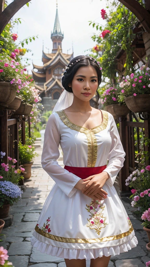 Realistic pilipina wearing a snow white costume The background is palace and many flowers .