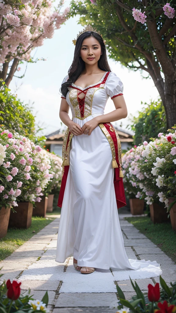 Realistic pilipina wearing a snow white costume The background is palace and many flowers .