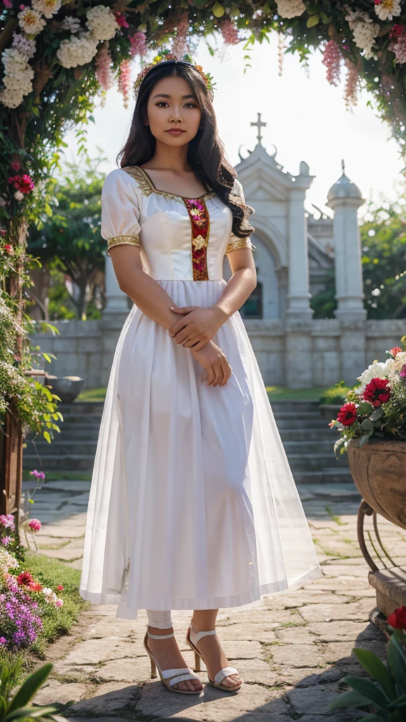 Realistic pilipina wearing a snow white costume The background is palace and many flowers .