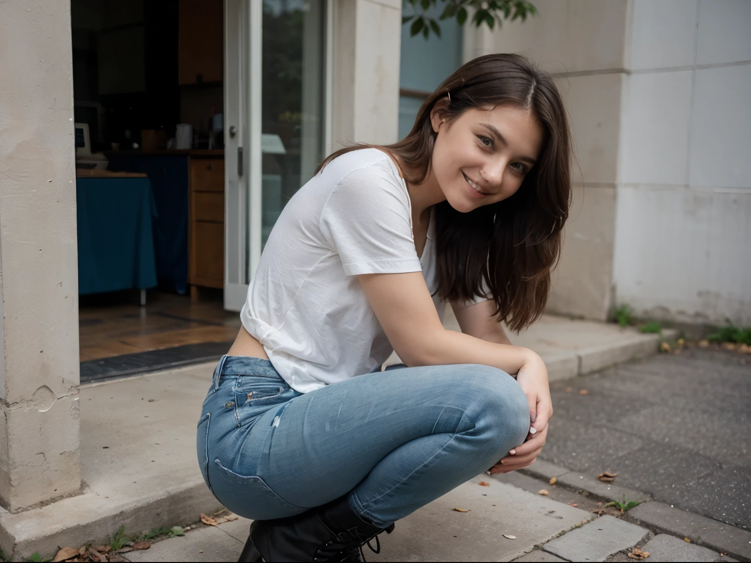 ((best quality)), ((masterpiece)), (detailed), Arafed woman squatting on a sidewalk with her arms crossed, jeans short, boots, long socks, smiling, slim