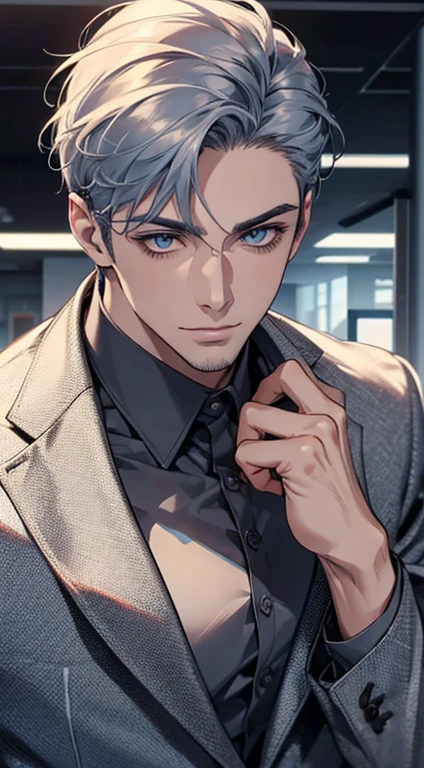 (best quality,4k,8k,highres,masterpiece:1.2),ultra-detailed,(realistic,photorealistic,photo-realistic:1.37),1 man,31 years old,mature man,very handsome,without expression,smile,short grey blue hair,blue eyes,penetrating gaze,perfect face without errors,imposing posture,businessman,office background,cinematic lighting,hdr image