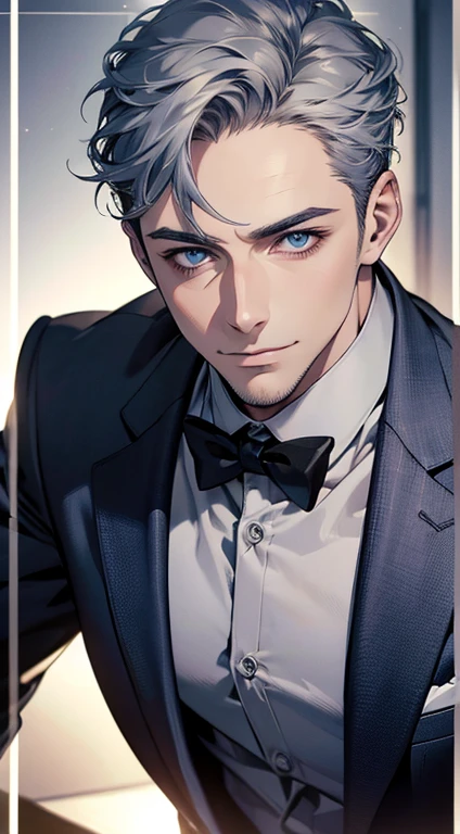 (best quality,4k,8k,highres,masterpiece:1.2),ultra-detailed,(realistic,photorealistic,photo-realistic:1.37),1 man,31 years old,mature man,very handsome,without expression,smile,short grey blue hair,blue eyes,penetrating gaze,perfect face without errors,imposing posture,businessman,office background,cinematic lighting,hdr image