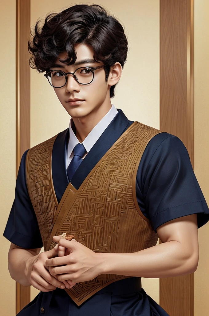 ((best quality)), ((masterpiece)), (detailed), perfect man with short curly hairstyle in korean uniform wearing geometric specs ,((manhwa))