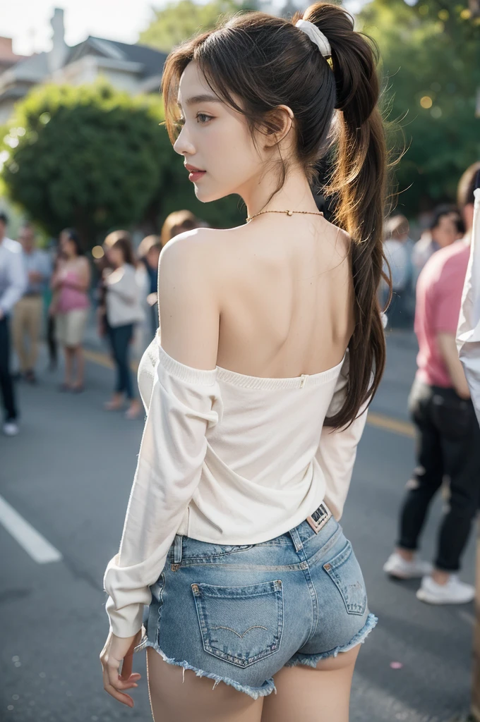 (((best quality))),(((ultra detailed))),(((masterpiece))),illustration,((1 beautiful girl,solo)),((slim,thin)),((shoulder off,strapless,bare back,towering hips,butt crack)), outside school gate, summer twilight, sunlight,(short ponytail:1.3),((white long-sleeved shirt)),(clavicalis:1.3),((denim shorts,slender legs)),animated face, excited eyes, sounds of laughter, chatter, excitement of summer vacation, air filled with energy, school gate golden glow, symbol of end of academic year, schoolyard transformed, reunion, farewells, embracing setting sun, face illuminated, moment captured, fleeting instant, essence of summer, carefree spirit, youthful exuberance, embodiment of season, sun dips, rosy glow, joy of living,promise of adventures,((standing,from back,upper body)),(surrounded by crowded crowds:1.3)