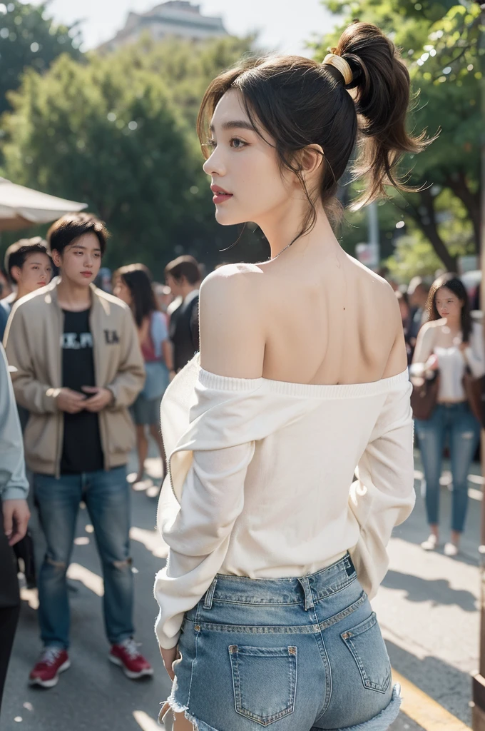 (((best quality))),(((ultra detailed))),(((masterpiece))),illustration,((1 beautiful girl,solo)),((slim,thin)),((shoulder off,strapless,bare back,towering hips,butt crack)), outside school gate, summer twilight, sunlight,(short ponytail:1.3),((white long-sleeved shirt)),(clavicalis:1.3),((denim shorts,slender legs)),animated face, excited eyes, sounds of laughter, chatter, excitement of summer vacation, air filled with energy, school gate golden glow, symbol of end of academic year, schoolyard transformed, reunion, farewells, embracing setting sun, face illuminated, moment captured, fleeting instant, essence of summer, carefree spirit, youthful exuberance, embodiment of season, sun dips, rosy glow, joy of living,promise of adventures,((standing,from back,upper body)),(surrounded by crowded crowds:1.3)