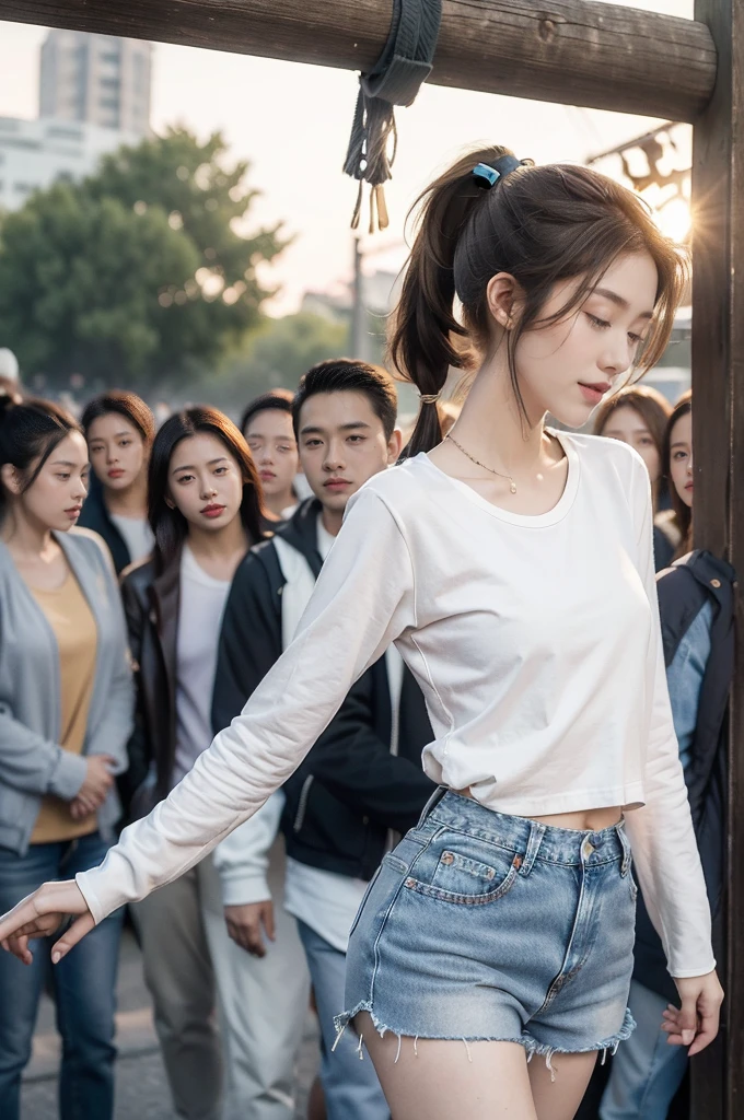 (((best quality))),(((ultra detailed))),(((masterpiece))),illustration,((1 beautiful girl,solo)),((slim,thin)),((small breasts,flat chest)), outside school gate, summer twilight, sunlight,(short ponytail:1.3),((white long-sleeved shirt)),(clavicalis:1.3),((denim shorts,slender legs)),animated face, excited eyes, sounds of laughter, chatter, excitement of summer vacation, air filled with energy, school gate golden glow, symbol of end of academic year, schoolyard transformed, reunion, farewells, embracing setting sun, face illuminated, moment captured, fleeting instant, essence of summer, carefree spirit, youthful exuberance, embodiment of season, sun dips, rosy glow, joy of living,promise of adventures,((standing,from front,upper body)),(surrounded by crowded crowds:1.3)