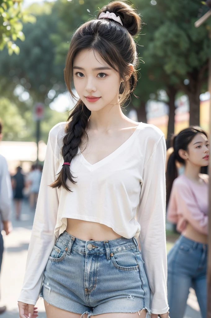 (((best quality))),(((ultra detailed))),(((masterpiece))),illustration,((1 beautiful girl,solo)),((slim,thin)),((small breasts,flat chest)), outside school gate, summer twilight, sunlight,(short ponytail:1.3),((white long-sleeved shirt)),(clavicalis:1.3),((denim shorts,slender legs)),animated face, excited eyes, sounds of laughter, chatter, excitement of summer vacation, air filled with energy, school gate golden glow, symbol of end of academic year, schoolyard transformed, reunion, farewells, embracing setting sun, face illuminated, moment captured, fleeting instant, essence of summer, carefree spirit, youthful exuberance, embodiment of season, sun dips, rosy glow, joy of living,promise of adventures,((standing,from front,upper body)),(surrounded by crowded crowds:1.3)