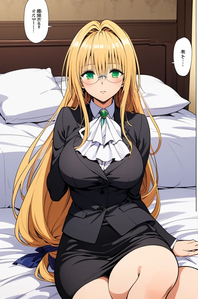 (masterpiece, best quality), 1girl,   aatearju, very long hair, low-tied long hair, hair ribbon, green eyes, glasses, huge breasts, white ascot, black jacket, long sleeves, black skirt,on bed