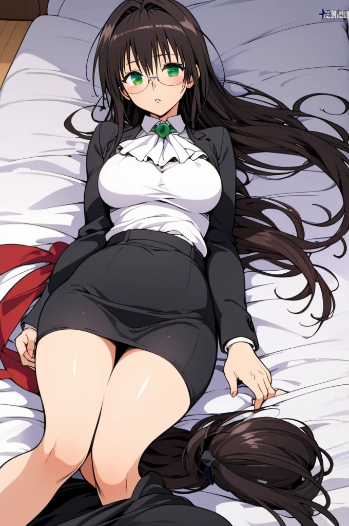 (masterpiece, best quality), 1girl,   aatearju, very long hair, low-tied long hair, hair ribbon, green eyes, glasses, huge breasts, white ascot, black jacket, long sleeves, black skirt,on bed