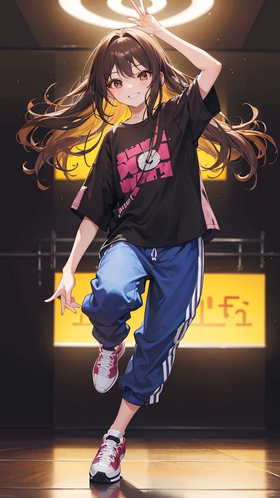 1 confident girl smiling and dancing hip hop style alone, long wavy brown hair, brown eyes, baggy single color shirt and baggy pants and sneakers, dancing in a dance studio, looking at viewer, blurry background, vibrant colours, fully visible, (perfect hand), (perfect fingers), hands behind head