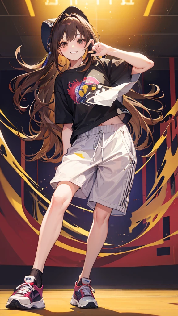 1 confident girl smiling and dancing hip hop style alone, long wavy brown hair, brown eyes, baggy single color shirt and baggy pants and sneakers, dancing in a dance studio, looking at viewer, blurry background, vibrant colours, fully visible, (perfect hand), (perfect fingers), hands behind head