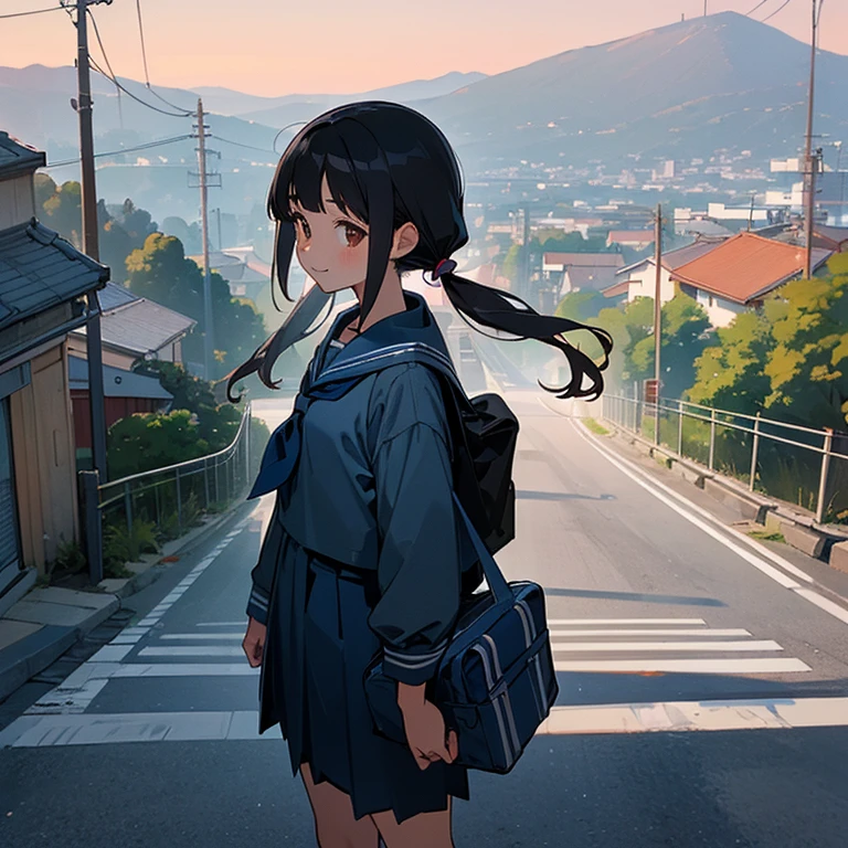 (best quality, ultra detailed, masterpiece:1.4), FHD,
1girl, standing, gentle smile, 15yo, tilted head,
(low twintails:1.4), black hair, long hair,
(navy blue sailor suit with blue ribbon:1.2), long sleeves, 
BREAK 
(dark brown eyes), (school bag on right shoulder), from front, from little above, alone, 
BREAK 
(sloped road, downhill, single street), modern Japan streets, prefectural road, residential area,
looking down the slope,
electric pole, electric cable, urban city,
cityscape, sea in the distance, nice view, afternoon, blue sky, orange sky, 
anime, high brightness,