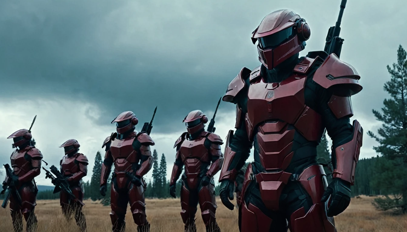 Soldiers in dark red futuristic armor with weapons, pine trees, steppe, cinematic scene, cloudy weather