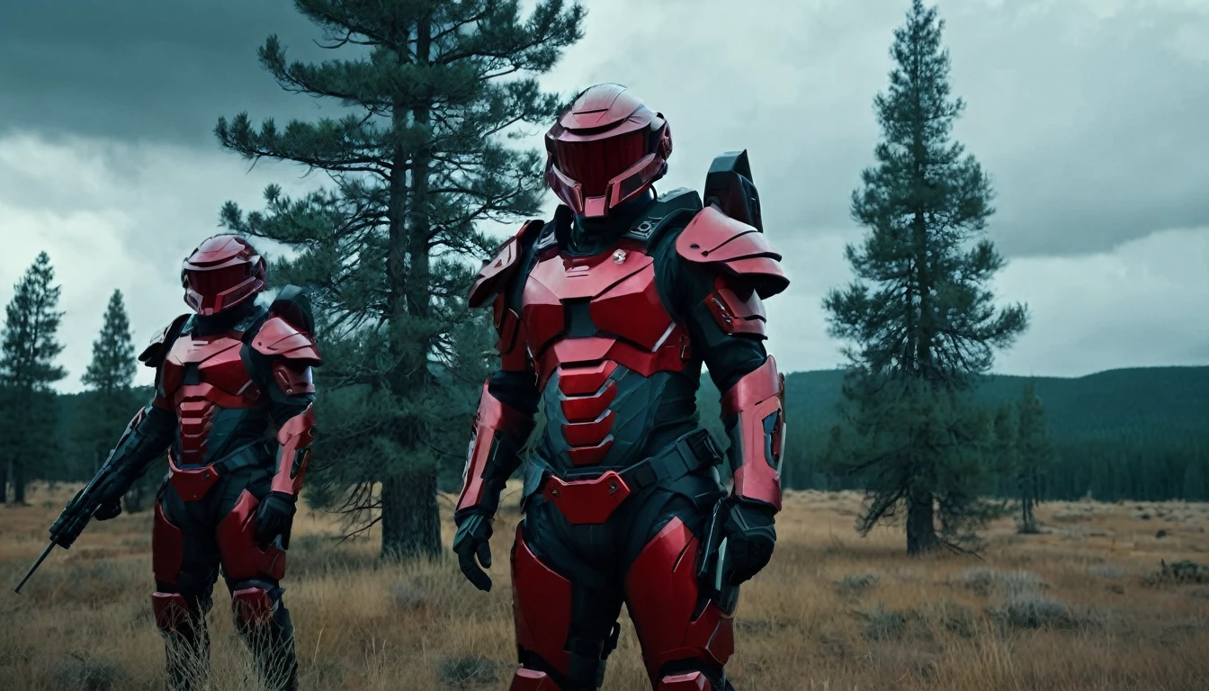 Soldiers in dark red futuristic armor with weapons, pine trees, steppe, cinematic scene, cloudy weather
