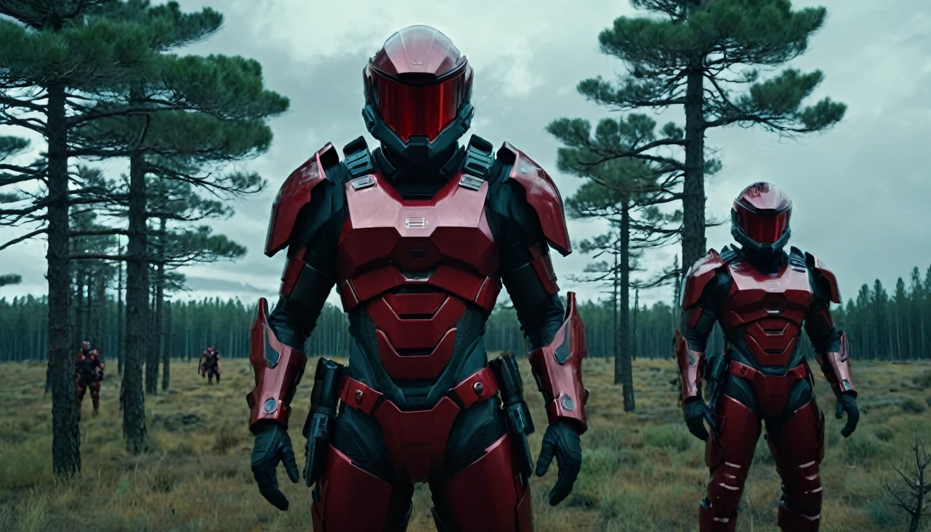 Soldiers in dark red futuristic armor with weapons, pine trees, steppe, cinematic scene, cloudy weather