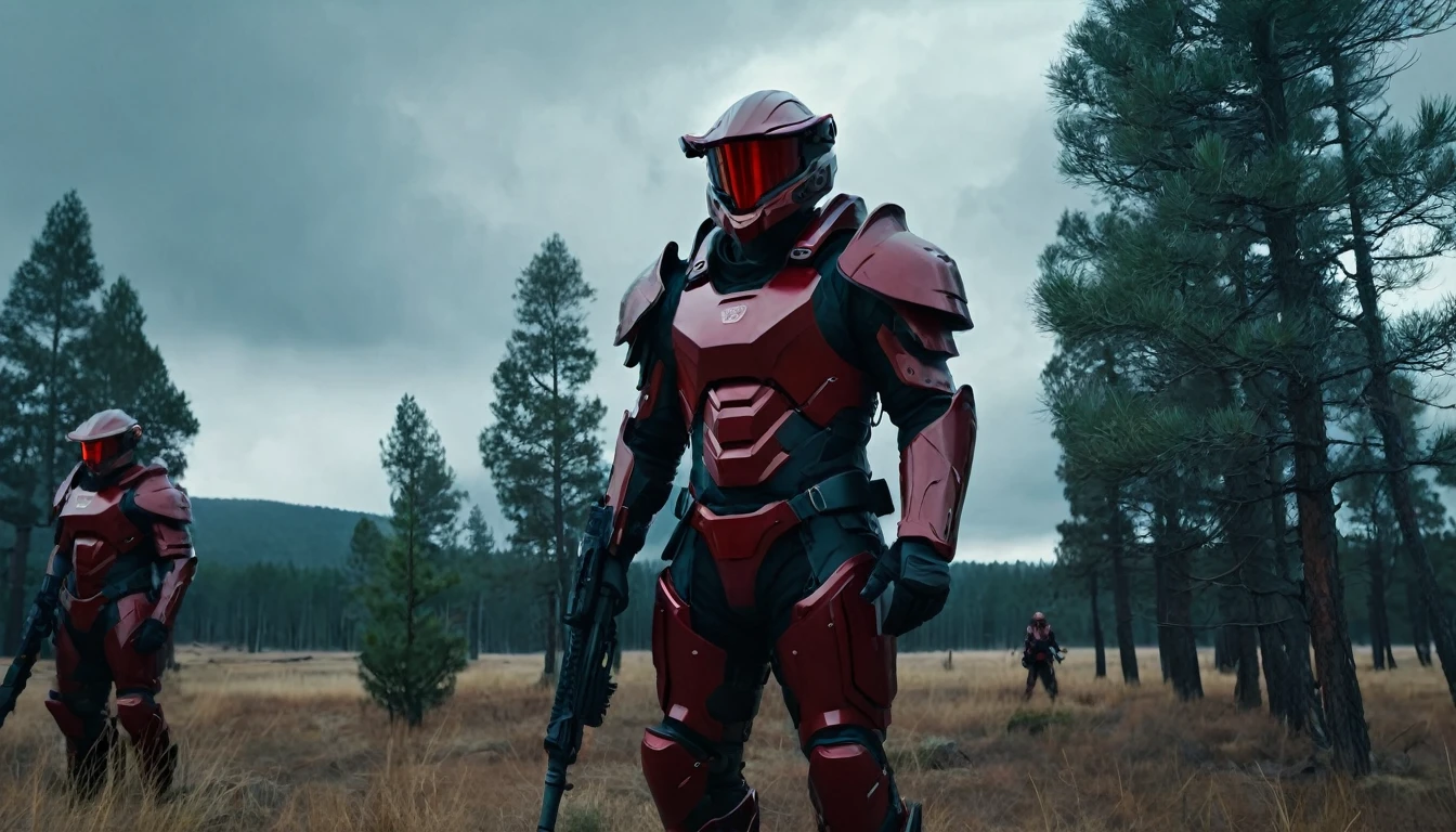Soldiers in dark red futuristic armor with weapons, pine trees, steppe, cinematic scene, cloudy weather