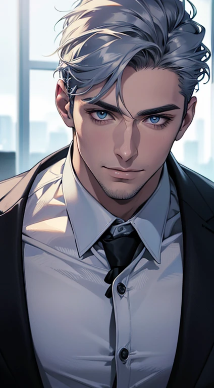 (best quality,4k,8k,highres,masterpiece:1.2),ultra-detailed,(realistic,photorealistic,photo-realistic:1.37),1 man,31 years old,mature man,very handsome,without expression,smile,short grey blue hair,blue eyes,penetrating gaze,perfect face without errors,imposing posture,businessman,office background,cinematic lighting,hdr image