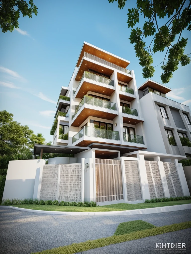 Minimalist architecture, the main materials of the house include white walls, blue concrete effect walls, Realistic images, extremely detailed, a modern house, 1 road in font of house, large yard made by ceramic, (1 car), brick fence, lawn, a few small flowers, a road in front of the house, main materials of the house are white walls and red brick, Modern design, clear blue sky, sunrise light, light from inside, dynamic light,shimering light, cinematic light, romantic feeling, (((day light, warm light))), không có mặt trời