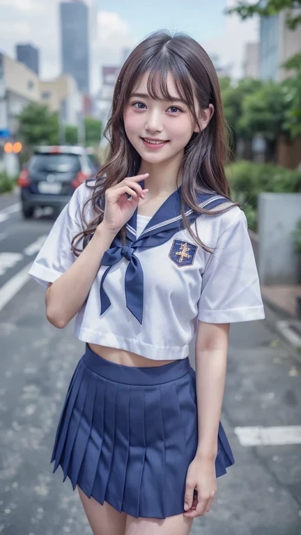 (best quality, 8k, 32k, masterpiece, UHD:1.2), (RAW photo), (realistic), (photorealistic:1.2), (high resolution), huge filesize, ultra-detailed, extremely beautiful face & eyes, 1girl, japanese elementary school student,14yo, 13yo, 12yo, round small face, baby face, thin waist, large breasts, slim proportions, thin thighs, (darkblue pleated mini skirt, japanese sailor, sailor fuku, serafuku, japanese school sailor suit), nice hands, perfect hands, accurate hand depiction, perfect thumb & fingers, sweaty, shy smile, pure white teeth, from below, blue sky, skyscraper, rooftop at dawn, summer,