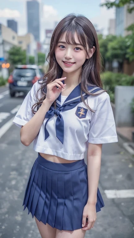 (best quality, 8k, 32k, masterpiece, UHD:1.2), (RAW photo), (realistic), (photorealistic:1.2), (high resolution), huge filesize, ultra-detailed, extremely beautiful face & eyes, 1girl, japanese elementary school student,14yo, 13yo, 12yo, round small face, baby face, thin waist, large breasts, slim proportions, thin thighs, (darkblue pleated mini skirt, japanese sailor, sailor fuku, serafuku, japanese school sailor suit), nice hands, perfect hands, accurate hand depiction, perfect thumb & fingers, sweaty, shy smile, pure white teeth, from below, blue sky, skyscraper, rooftop at dawn, summer,