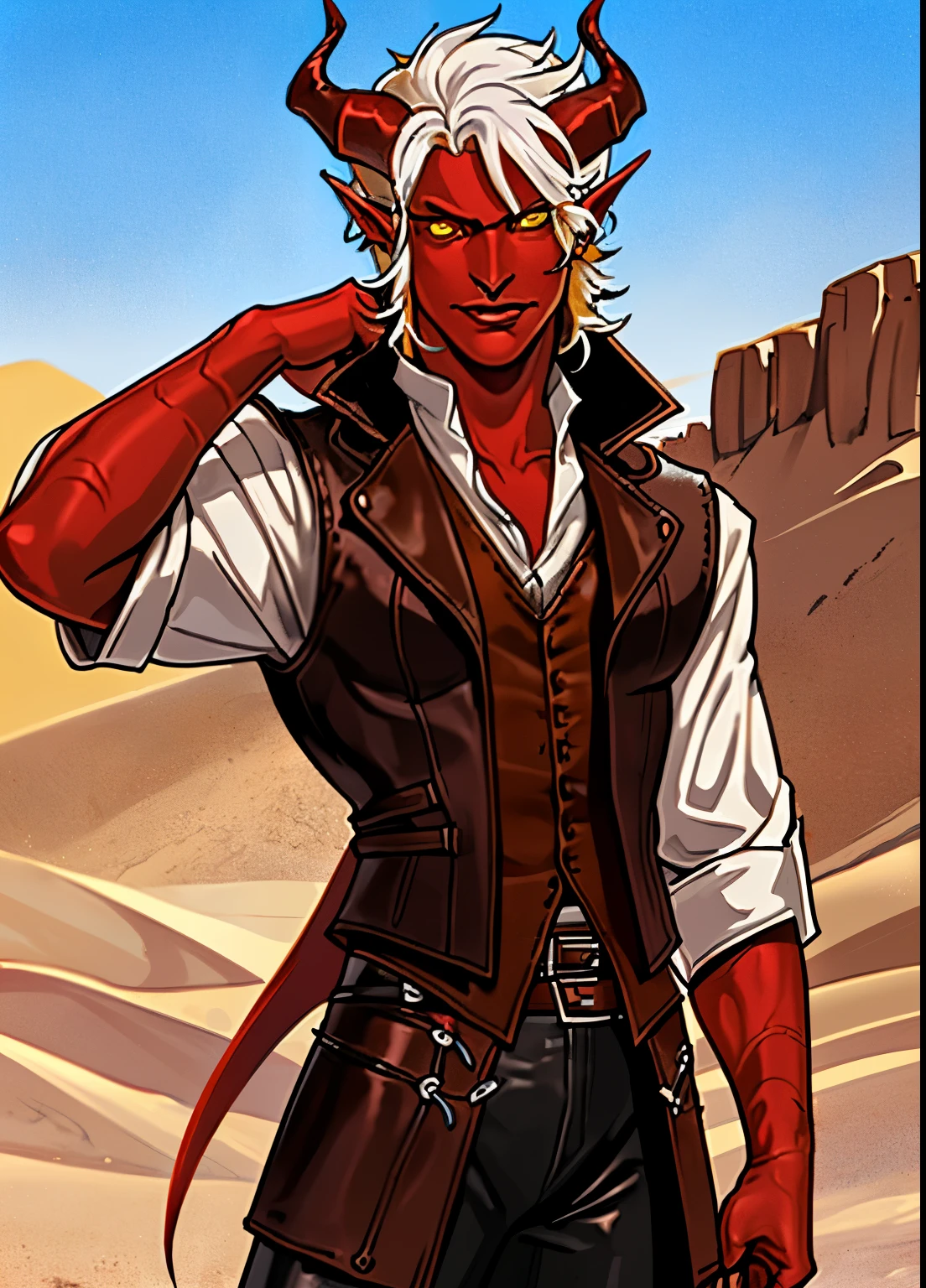 Tiefling, male, pointy ears, horns, solo, white hair, medium hair, red skin, looking at viewer, yellow eyes, colored skin, standing, calm pose, slim, demon boy, leather cowboy hat, worn leather duster, brown vest, white shirt, lips, demon horns, black horns, yellow sclera, slit pupils, yellow eyes, red lips, desert background, oni, oni horns, ((masterpiece, best quality)), 